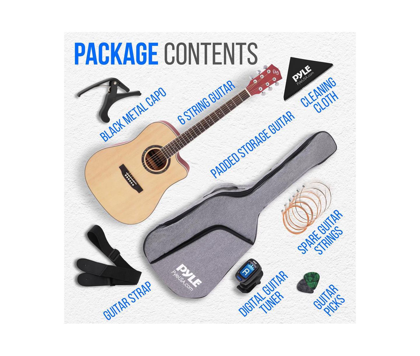 Детские игрушки Pyle 41" Acoustic Guitar Kit with Cutaway Body, Accessory Pack - Natural Finish, PGA480NT — фото 8