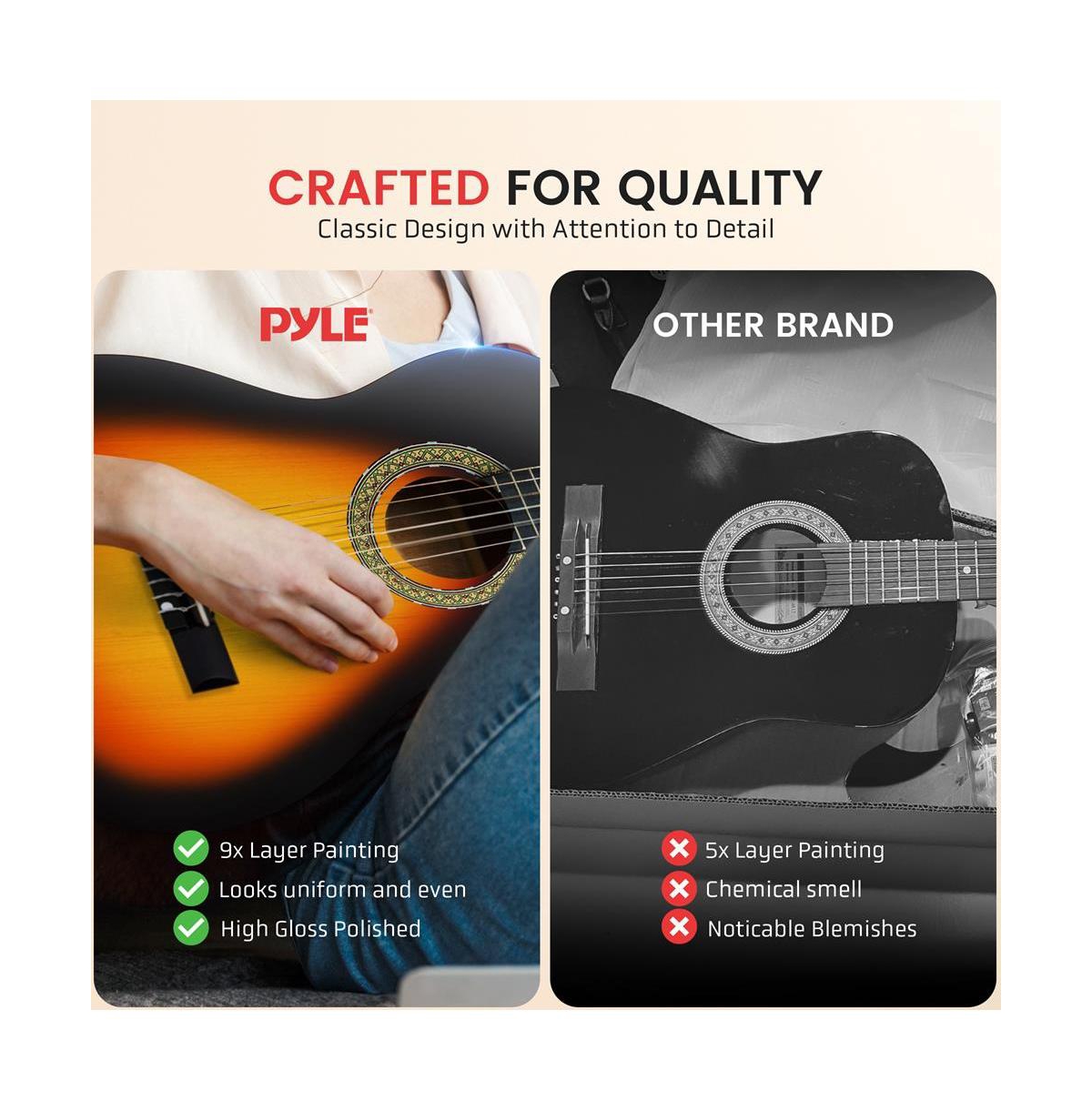 Pyle 39" 6-String Classic Guitar with Digital Tuner and Accessory Kit (Sunburst Teardrop)