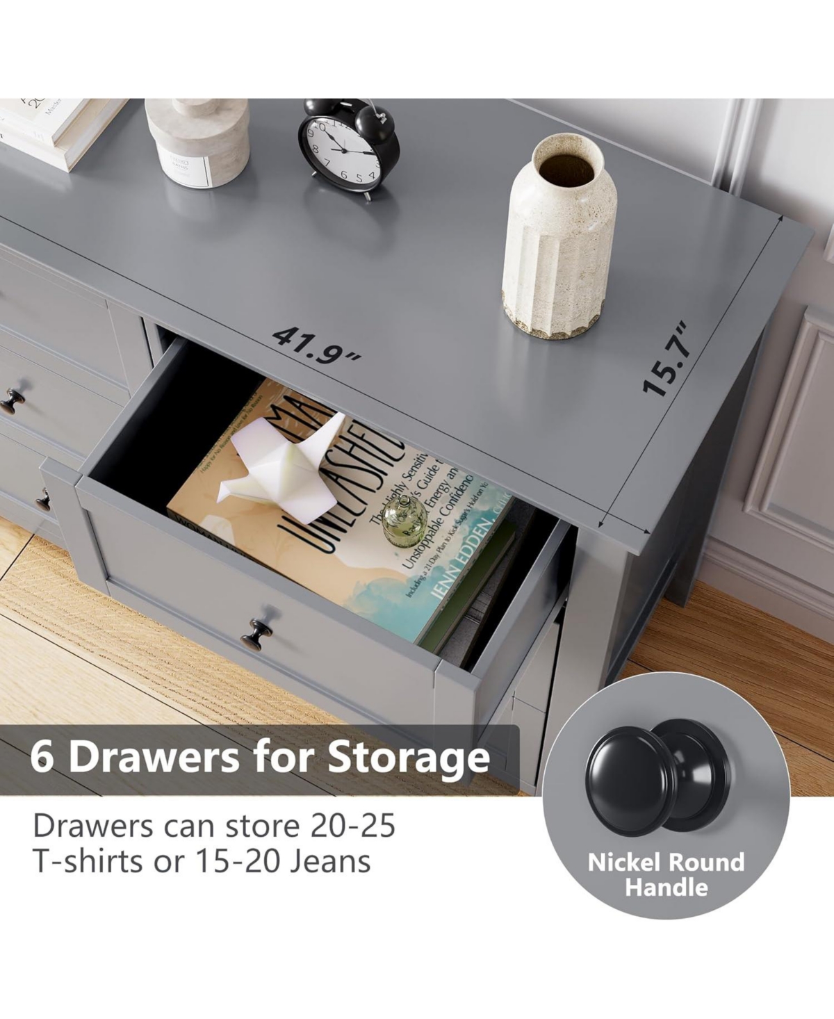 gaomon Modern 6 Drawer Wood Dresser with Nickel Handles, Deep Storage Chest