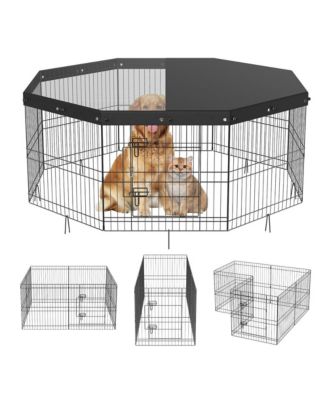 8 Panel Foldable Metal Dog Playpen with Top Cover and Ground Stakes 24 in H
