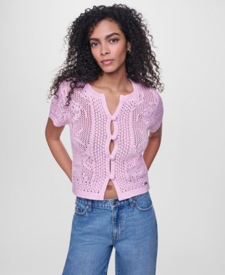 Women's Short-Sleeve Crew Neck Floral Pointelle Cardigan