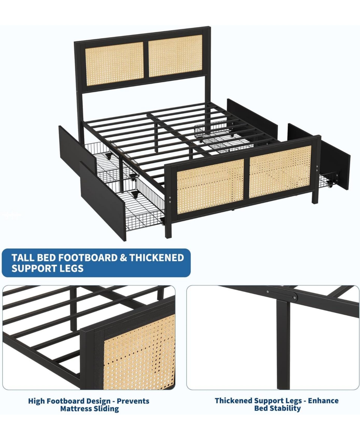 gaomon Rattan Bed Frame with Headboard, Boho Cane 4 Drawers, Metal Slats