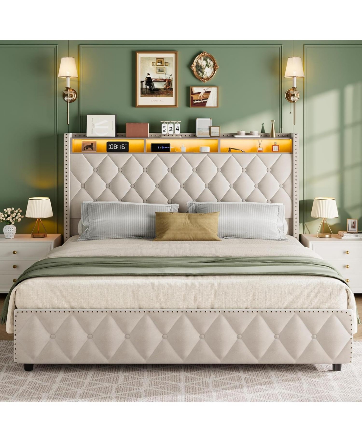 gaomon Bed Frame with 50.8 Inch Tall Headboard, Platform Leather Upholstered 4 Storage Drawers, Usb Charging Station