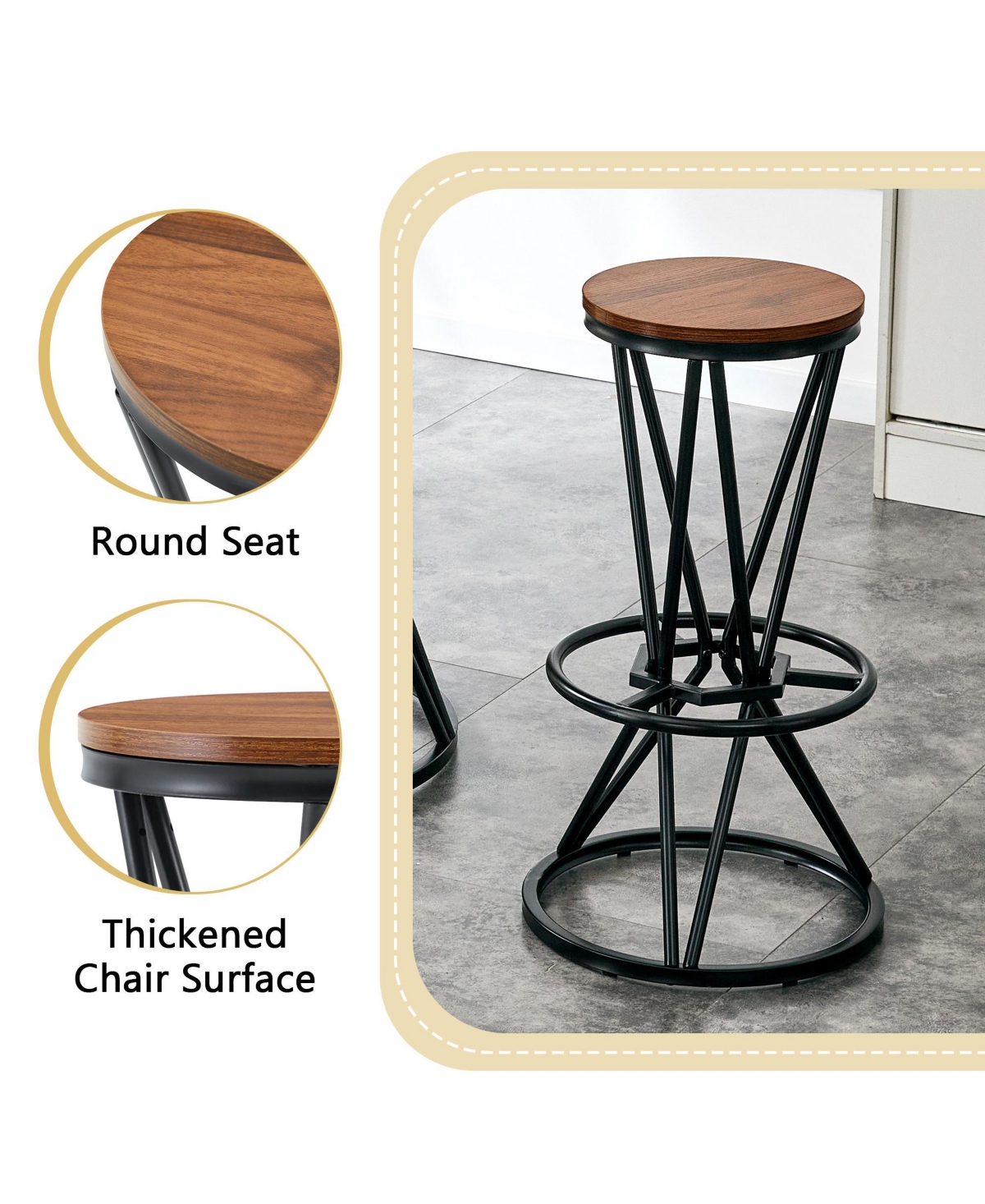 Rainsken Bar Table and Chair Set for 2 - 31.5" Wood Grain Mdf Tabletop with Black Metal Frame, Industrial Style Counter Combination