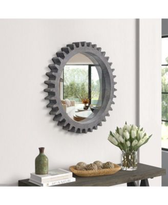 17'' x 17'' Vintage Round Wall Mirror, Decorative Mirror with Hanging Gear Shape Heavy, Wooden Frame Makeup Mirror for Bathroom