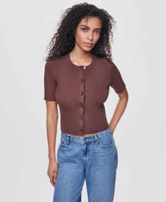 Women's Side Logo Button-Front Elbow-Sleeve Crewneck Sweater