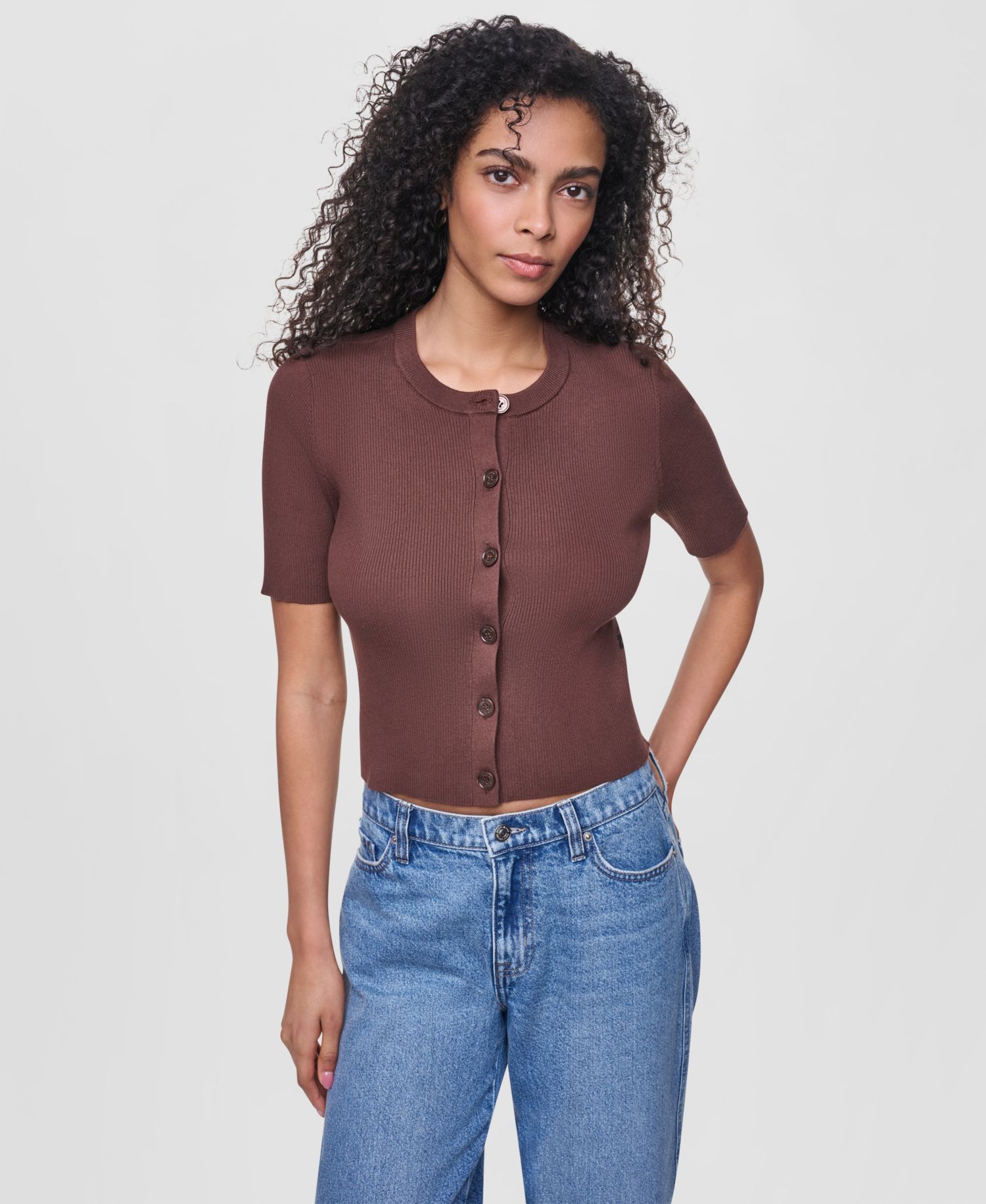 Women's Side Logo Button-Front Elbow-Sleeve Crewneck Sweater