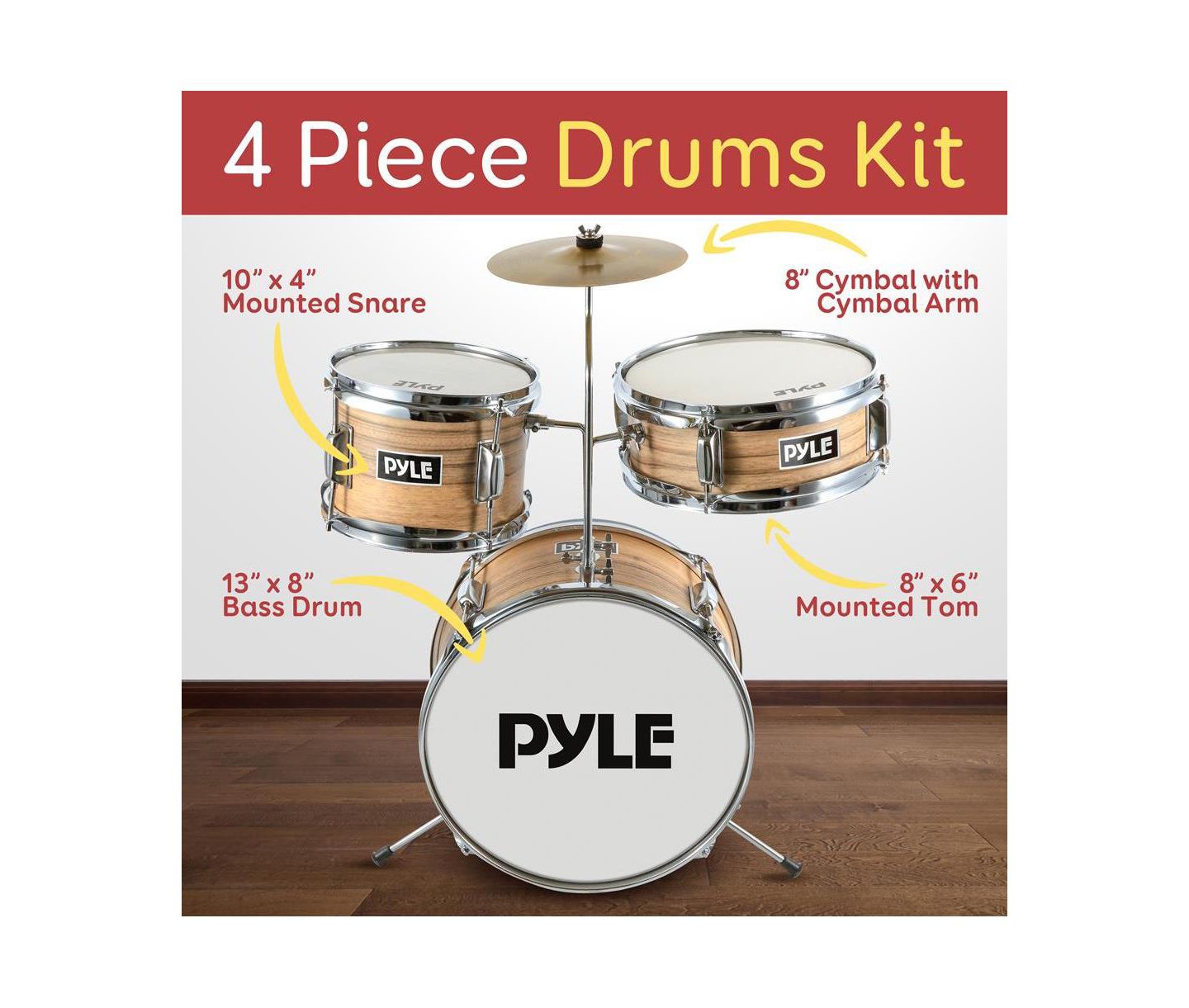 Детские игрушки Pyle 3-Piece Kids/Junior Drum Set - Includes Bass Drum, Tom, Snare, Cymbal, Throne, and Sticks, Natural Finish (PDRMKIT72N) — фото 4