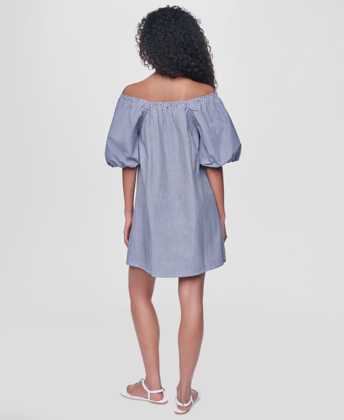 Женское платье DKNY Jeans Half Puff-Sleeve Seersucker Mini with Square Neckline, цвет: Чёрный — фото 5