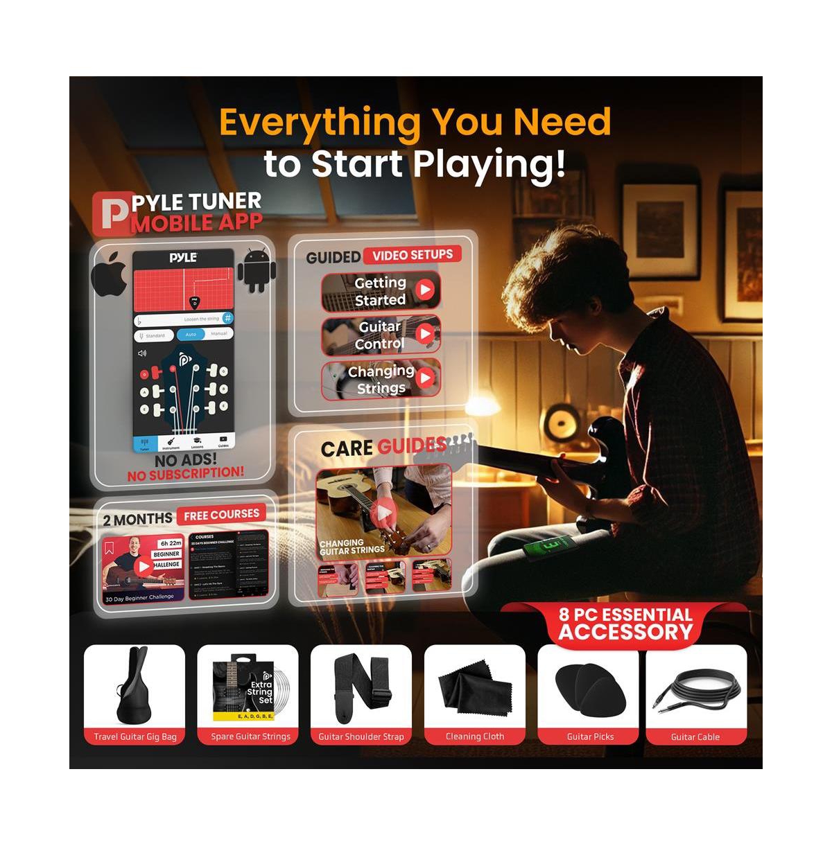 Pyle 39.4" Electric Guitar Kit with Amplifier, Digital Tuner & Accessories - PEGKT99BK