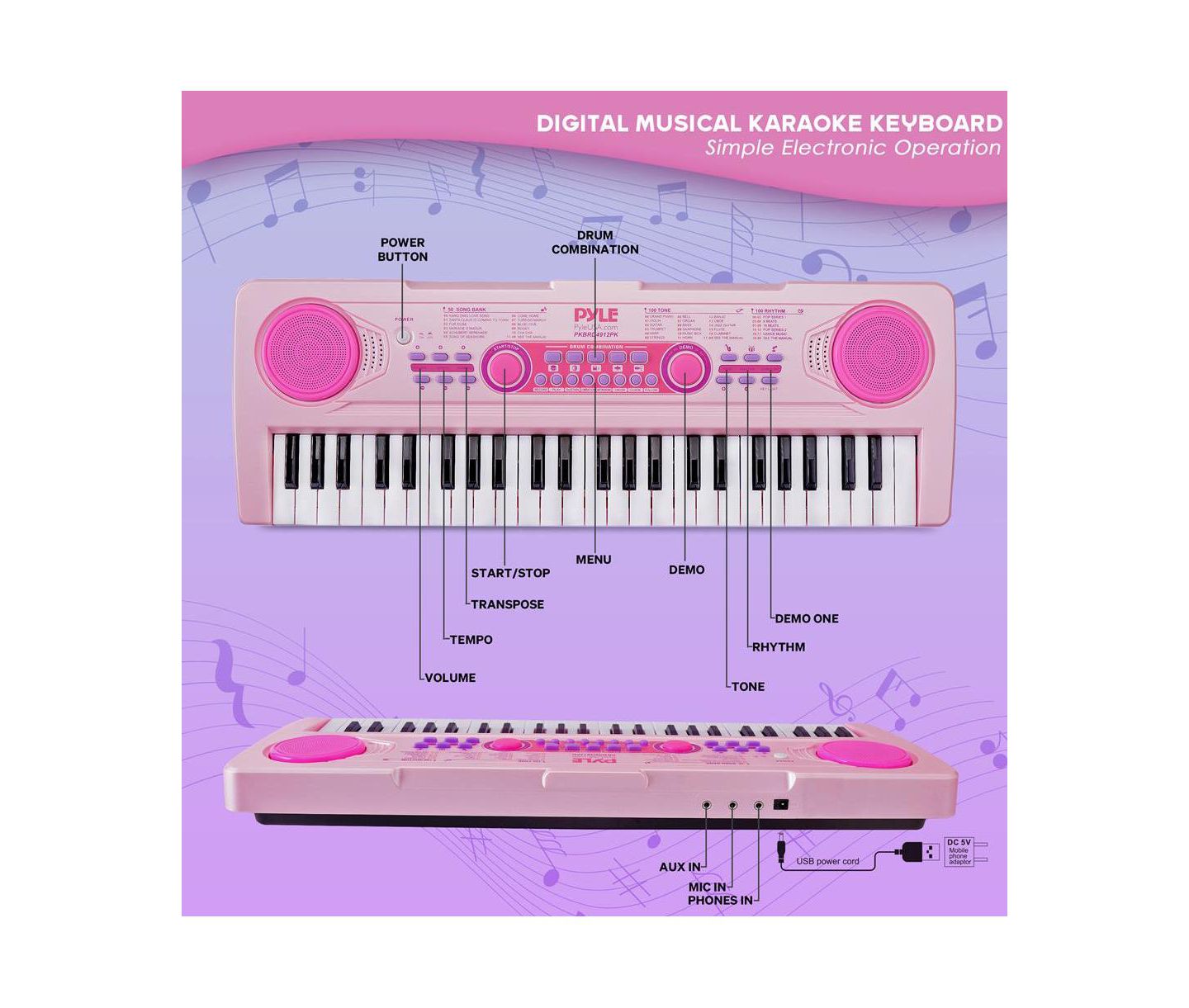 Детские игрушки Pyle Portable Kids Piano Keyboard and Mic Kit, цвет: Розовый — фото 2