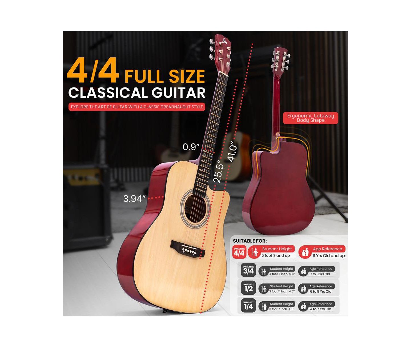 Детские игрушки Pyle 41" Full-Size Acoustic Guitar Kit, Cutaway Body with Digital Tuner and Accessory Kit, цвет: Коричневый — фото 3