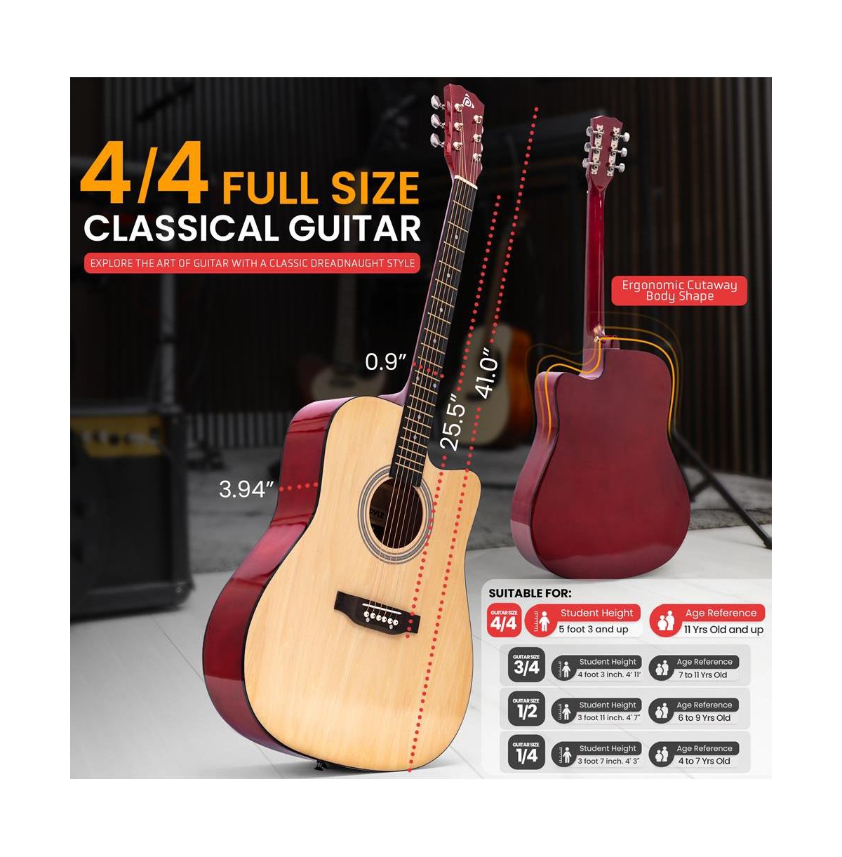 Pyle 41" Full-Size Acoustic Guitar Kit, Cutaway Body with Digital Tuner and Accessory Kit