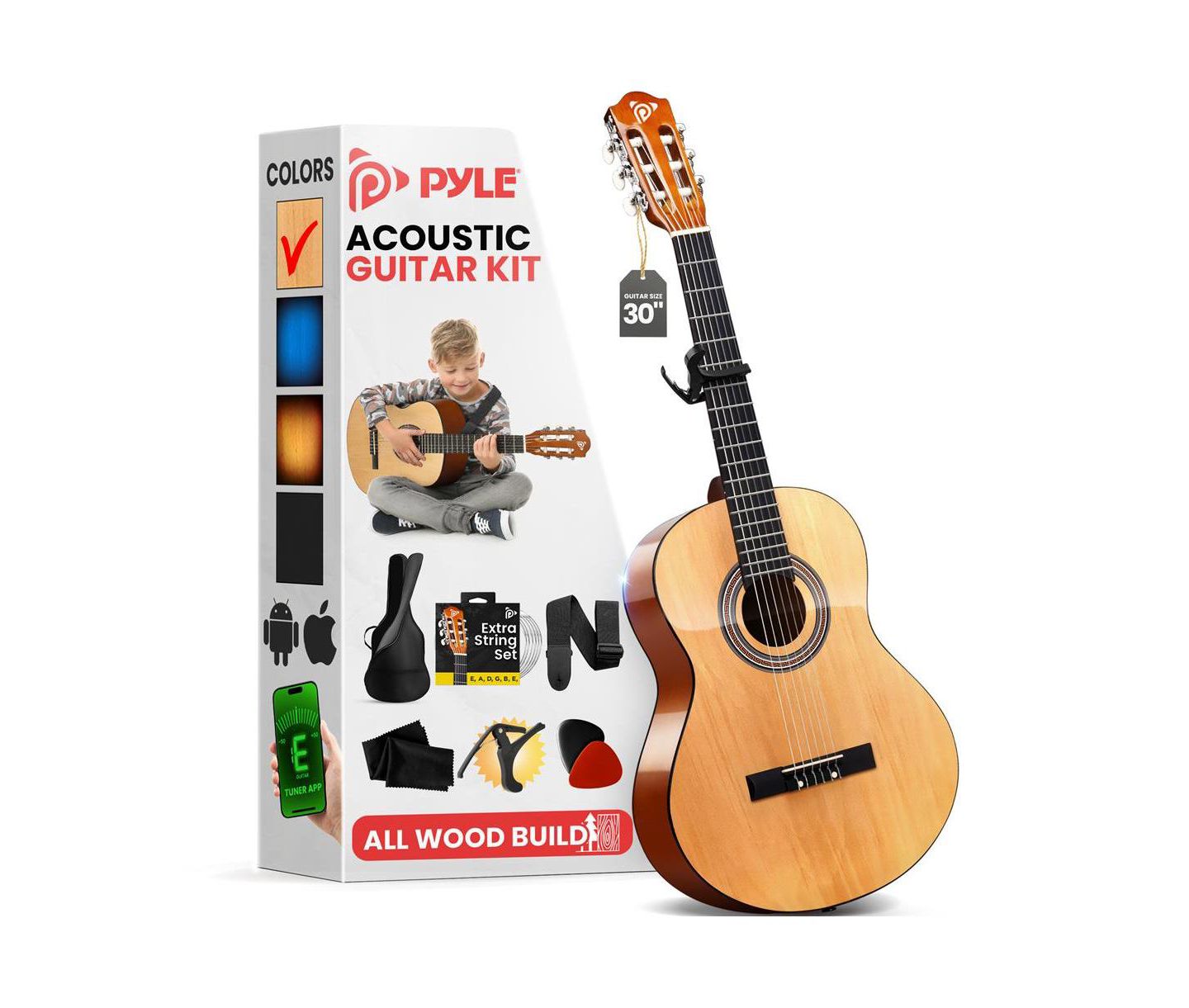 Детские игрушки Pyle 30" 6-String Classical Acoustic Guitar for Beginners & Adults with Accessory Kit, Natural Finish, цвет: Светлый коричневый — фото 1