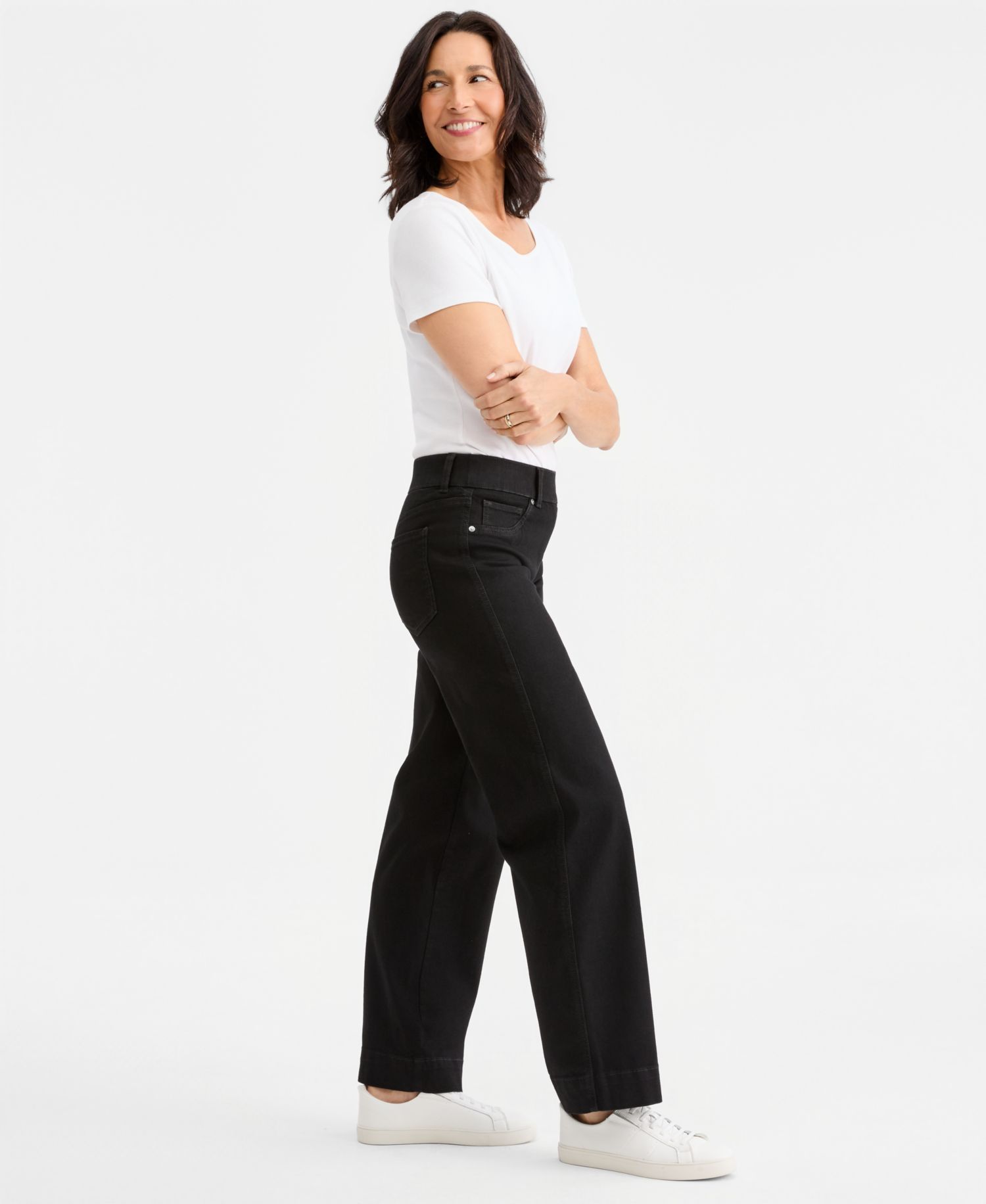 Petite Pull-On Shaping High-Rise Wide-Leg Jeans