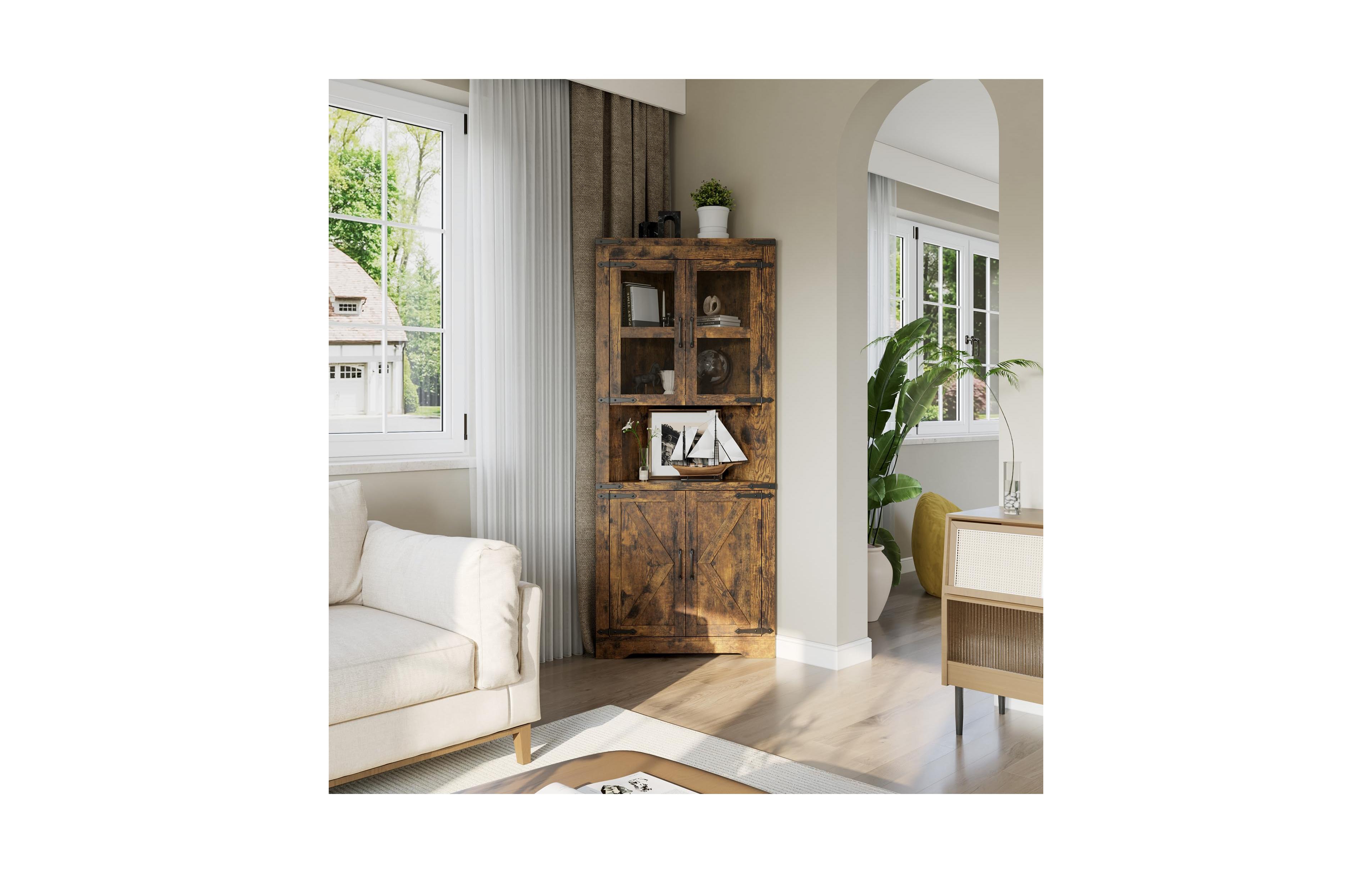 homfan Farmhouse Corner Cabinet with Glass Door and Adjustable Shelves, Tall Storage Organizer for Bathroom, Kitchen, Living Room