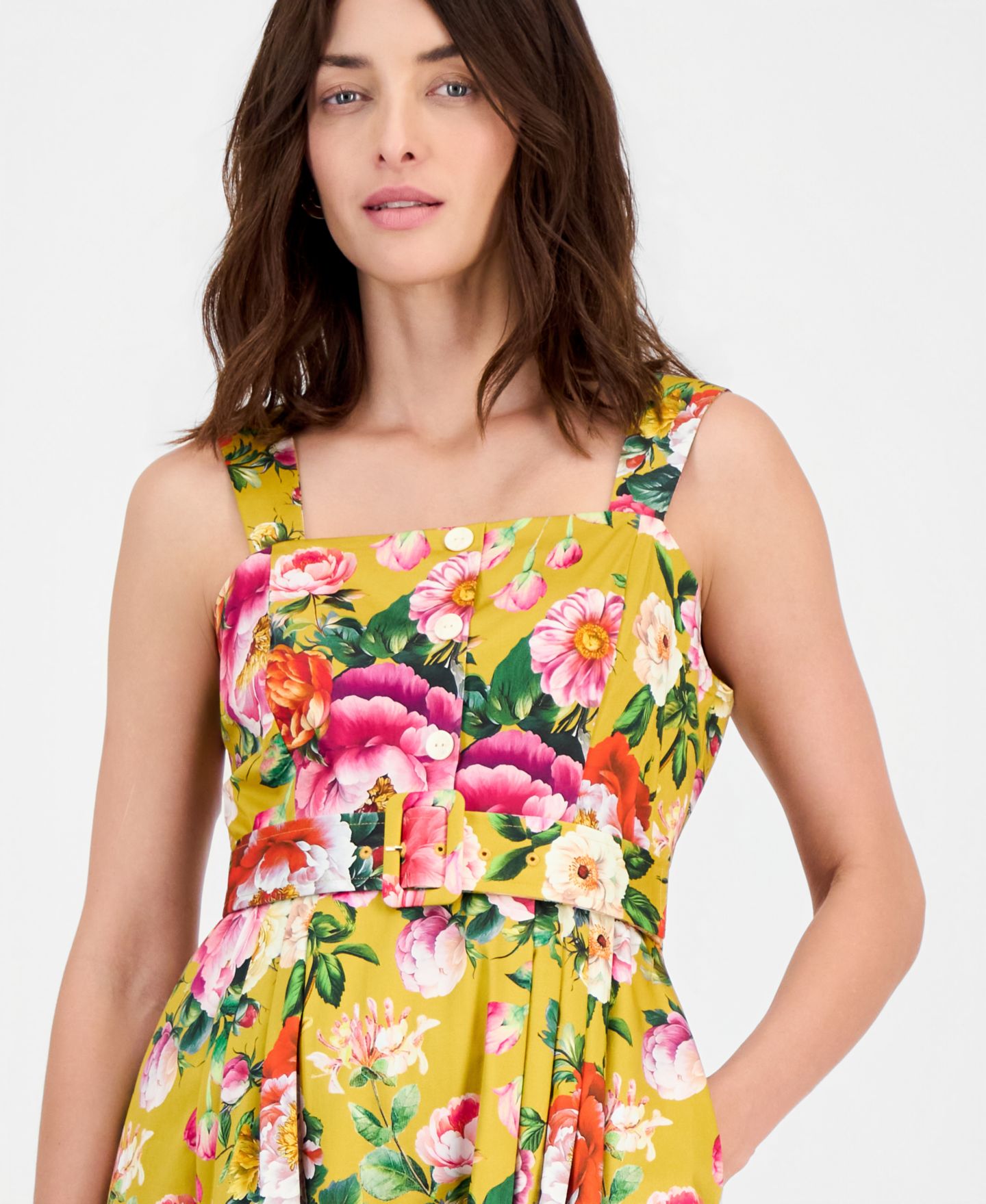 Женское платье Tahari ASL Printed Square-Neck Fit & Flare, цвет: Горчичный с принтом — фото 2