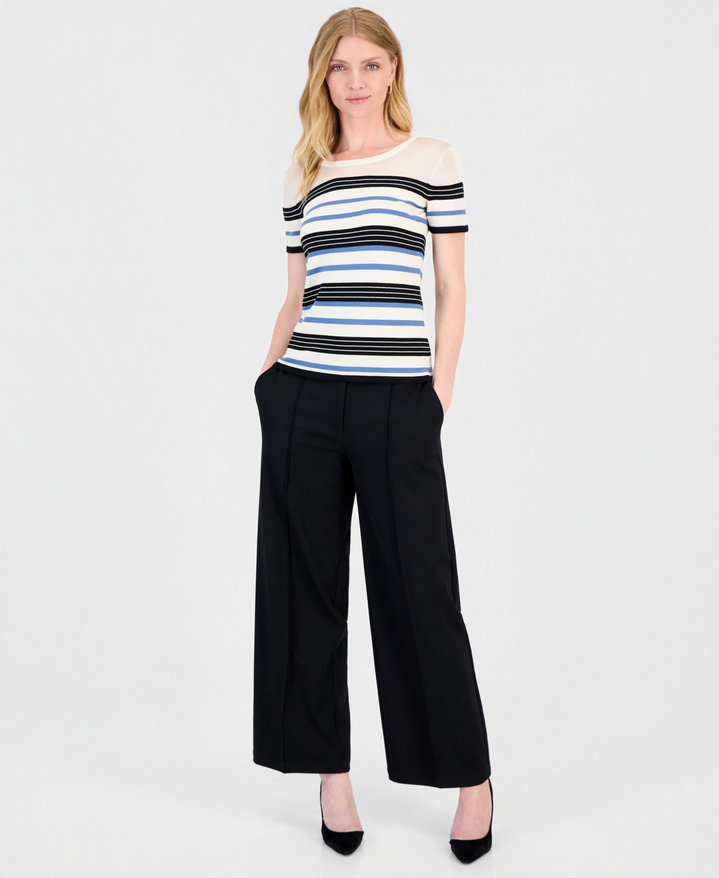 Женский топ T Tahari Short-Sleeve Striped Crewneck, цвет: Кремовый / Чёрный — фото 3