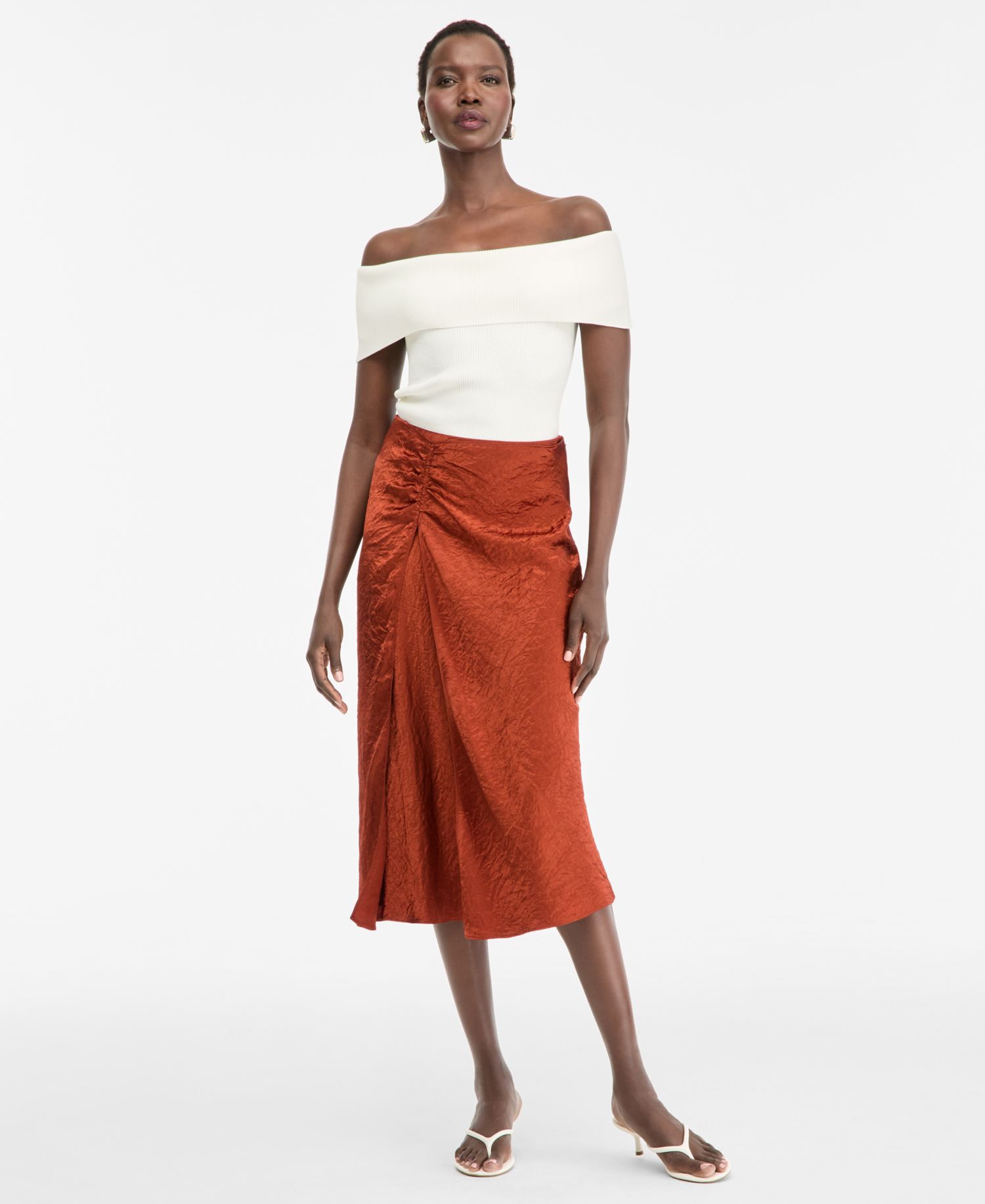 Women's Satin Ruched Midi Skirt