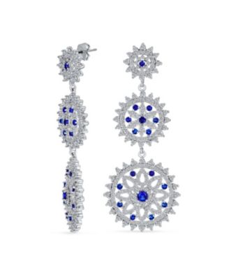 cocktail Fashion Statement Blue Sapphire CZ Triple Circle Medallion Statement Chandelier Earrings