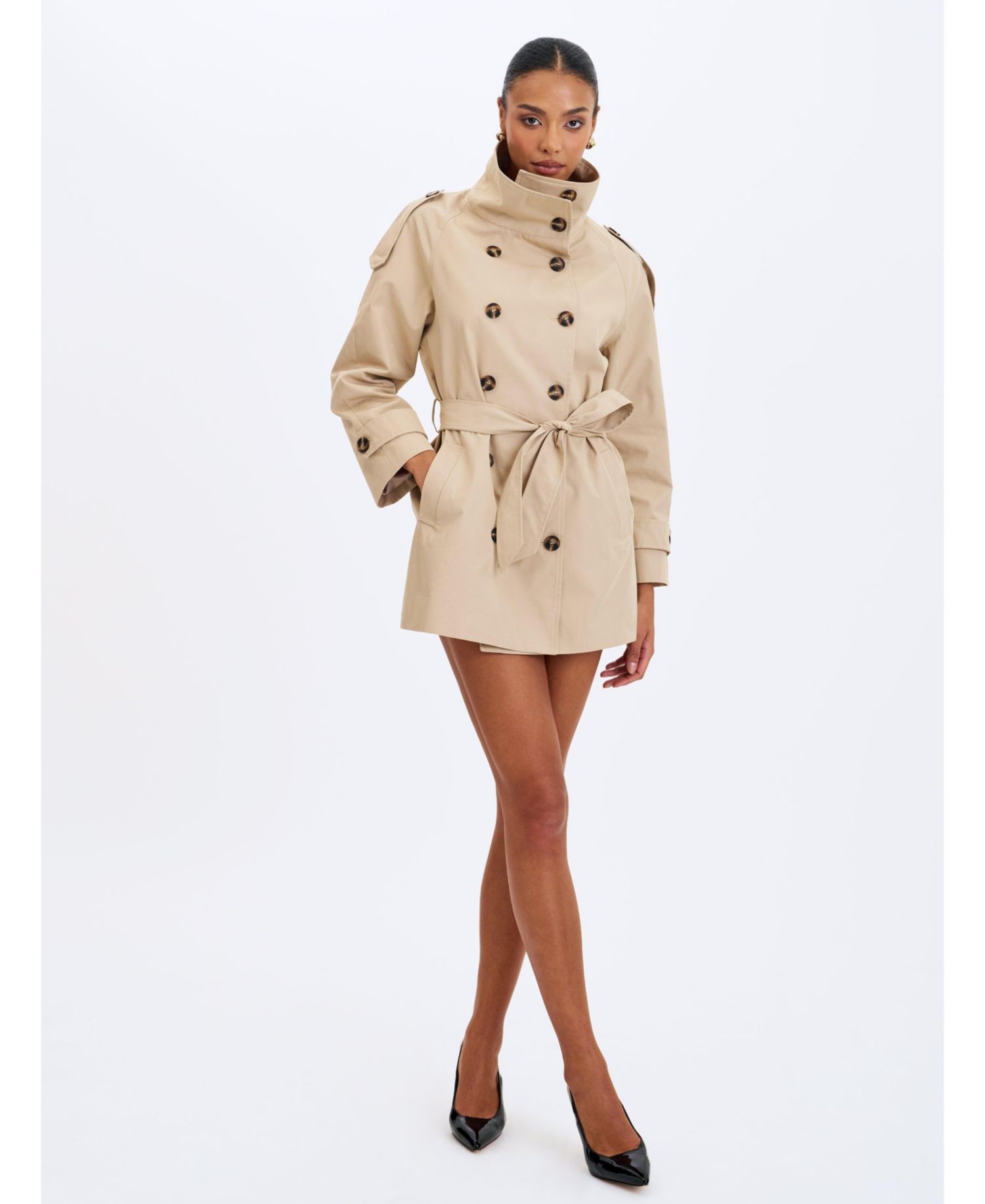 Women's Vanetta Tan High Collar Double-Breasted Trench Mini Coat