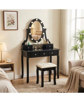 LED Lighted Mirror Vanity Table Set with Ample Storage, Makeup Dressing Desk for Bedroom