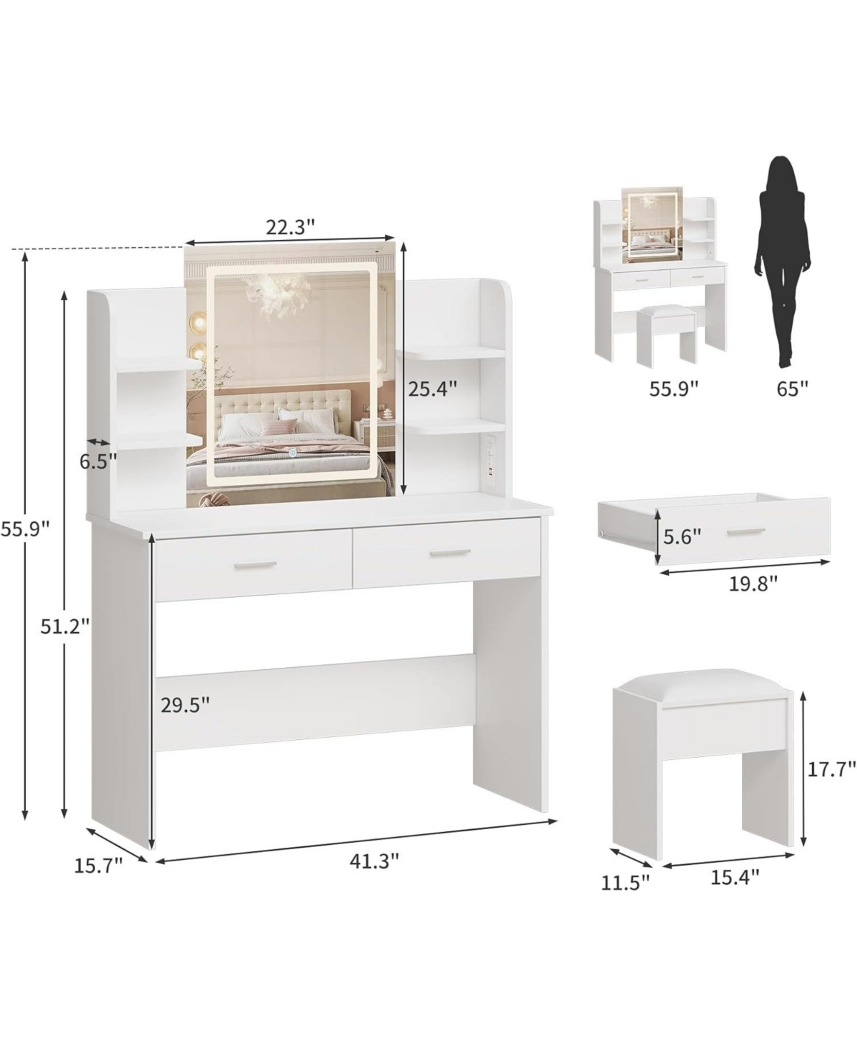 gaomon Makeup Vanity Desk with Led Mirror, 2 Drawers, Power Outlet & Cushioned Stool, 3 Light Modes