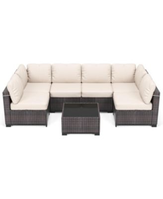 7 Pieces Outdoor Patio Furniture Set, Rattan Conversation Set with Coffee Table, Cushioned Sofa, Multi-Piece U-Shaped Design