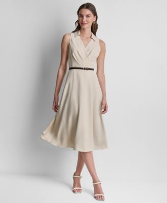 Women's Sleeveless Faux Wrap Removable Buckle Belt Shirt-Dress