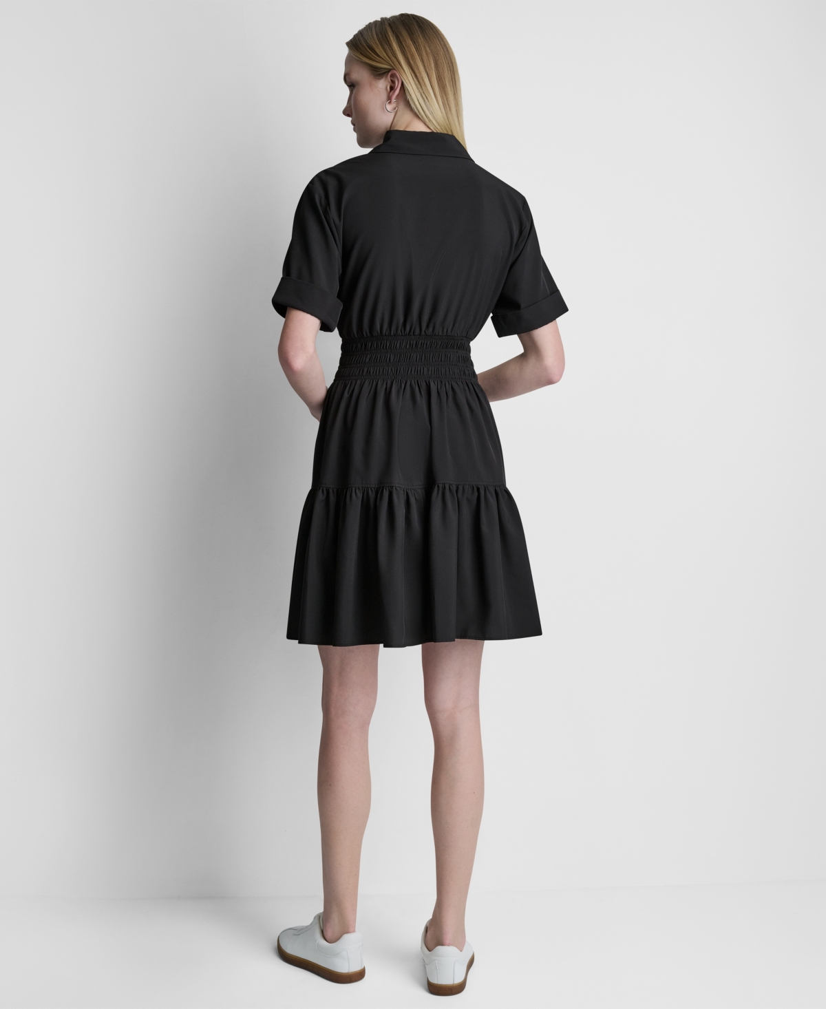 Dkny Women's Short-Sleeve Smocked Waist Tiered Shirt Dress