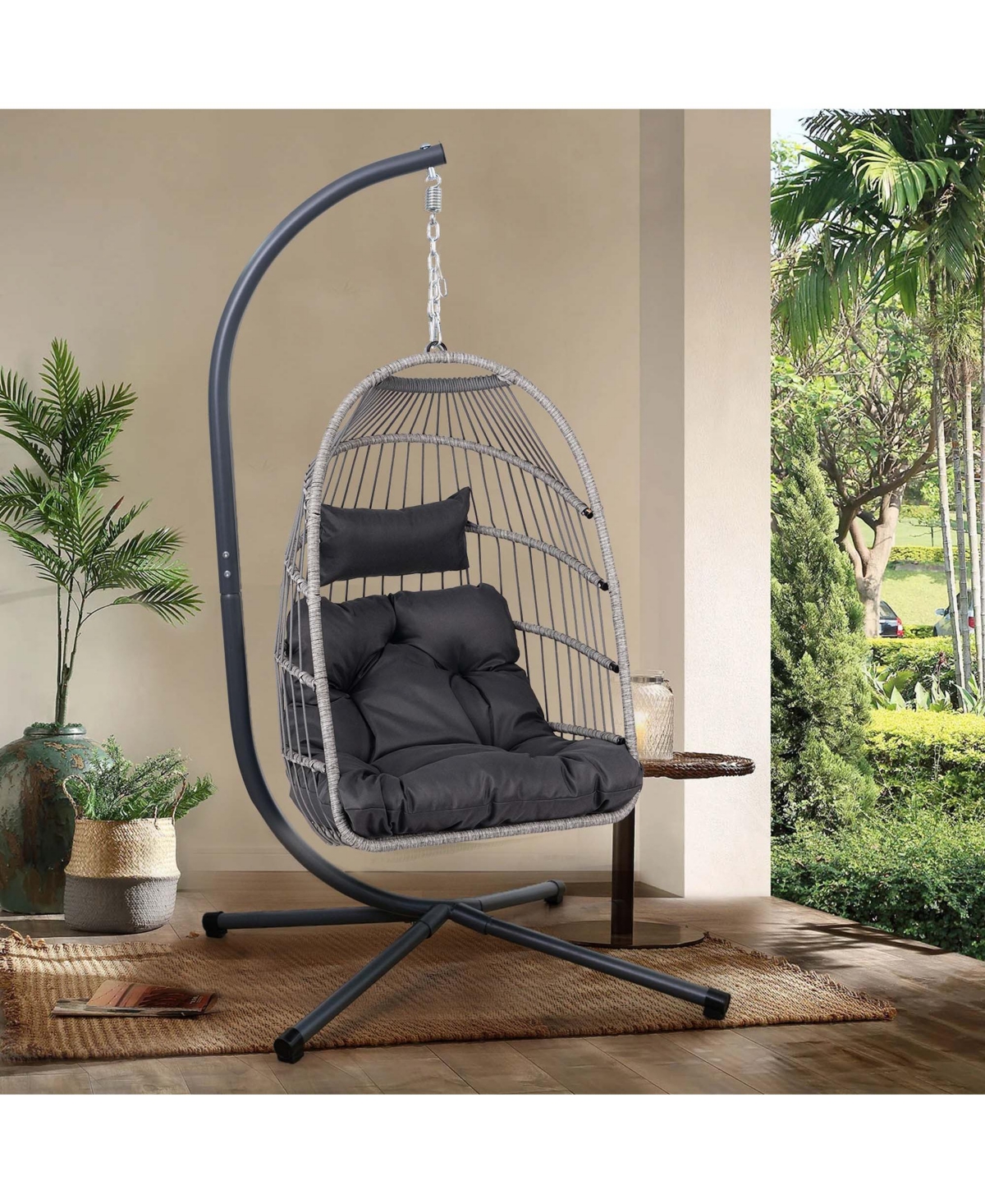 Boyel Living Foldable Hanging Egg Chair with Stand and Cushion, Outdoor Patio Wicker Swing Chair, Hdpe Rattan Aluminum-Steel Frame