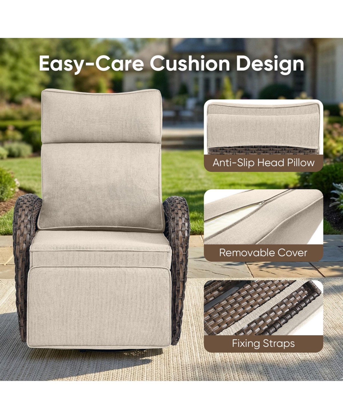 Pocassy Patio Rattan Swivel Recliner Lounge Chair with Adjustable Backrest and Footrest Cushioned Push Back Reclining Seat