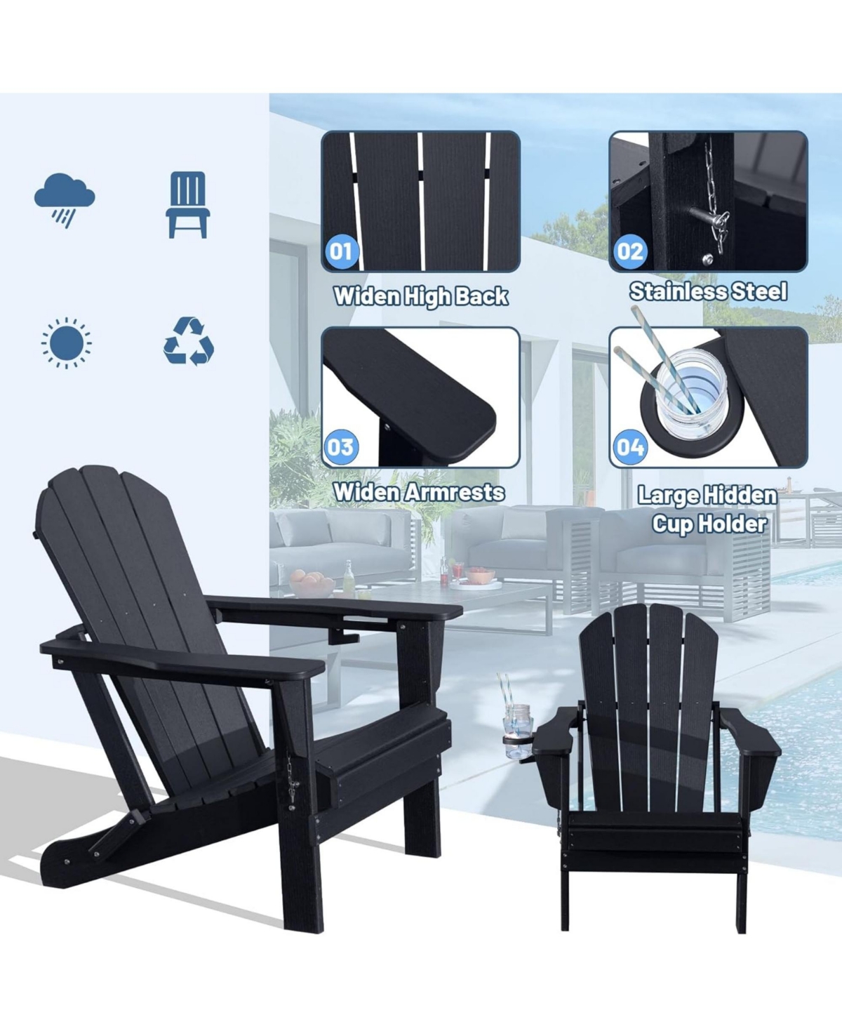 Clihome Folding Outdoor Adirondack Chairs with Cup Holders