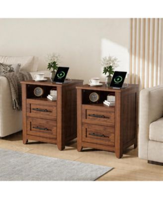 Set of 2 Farmhouse Nightstand with Charging Station 2 Drawers and Open Shelf, USB/Type-C/AC Outlets