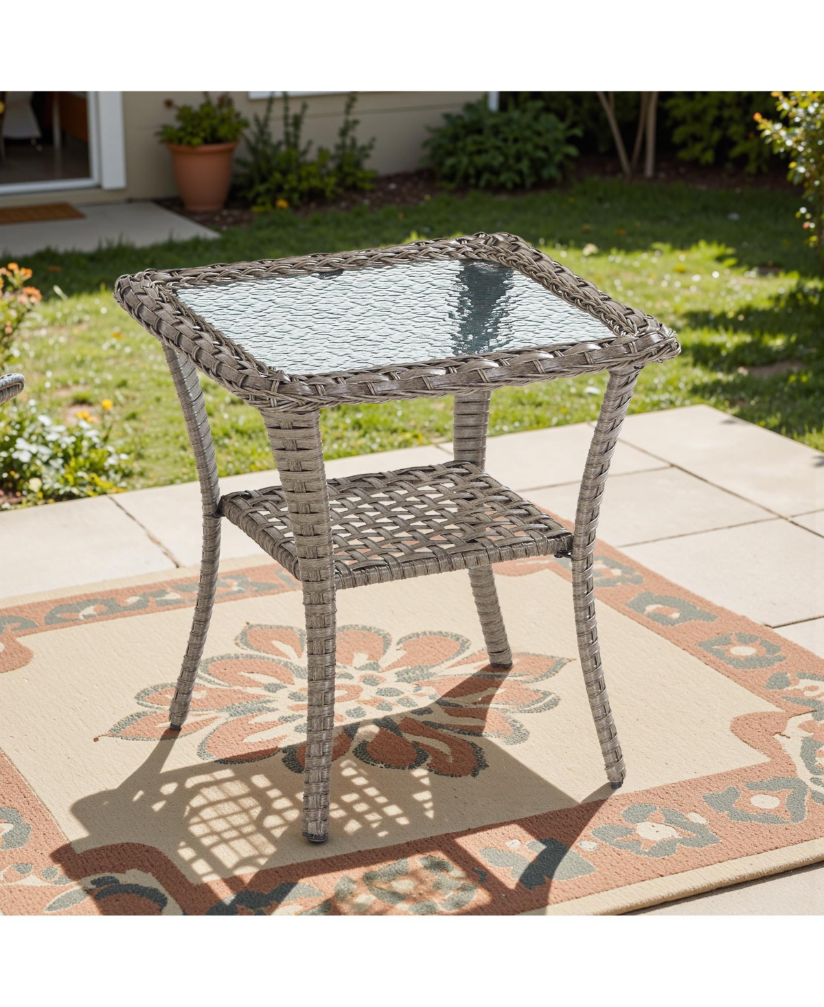 Pocassy Outdoor Side Table - Tempered Glass Wicker Table, Waterproof Patio Coffee Table Rattan End Table with Storage