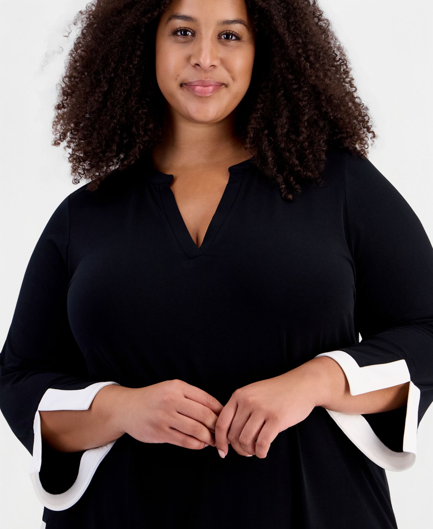JM Collection Plus Size 3/4-Sleeve Split Neck Tunic, цвет: Глубокий чёрный — фото 3