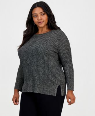 Plus Size Novelty Stitch Lurex Boatneck Long-Sleeve Sweater