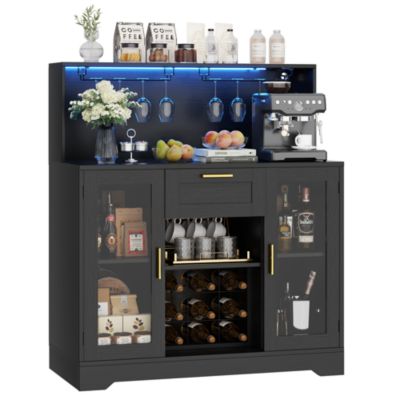 Kitchen Wine Bar Cabinet with Wine Rack and Door, Buffet Table with Storage Drawer