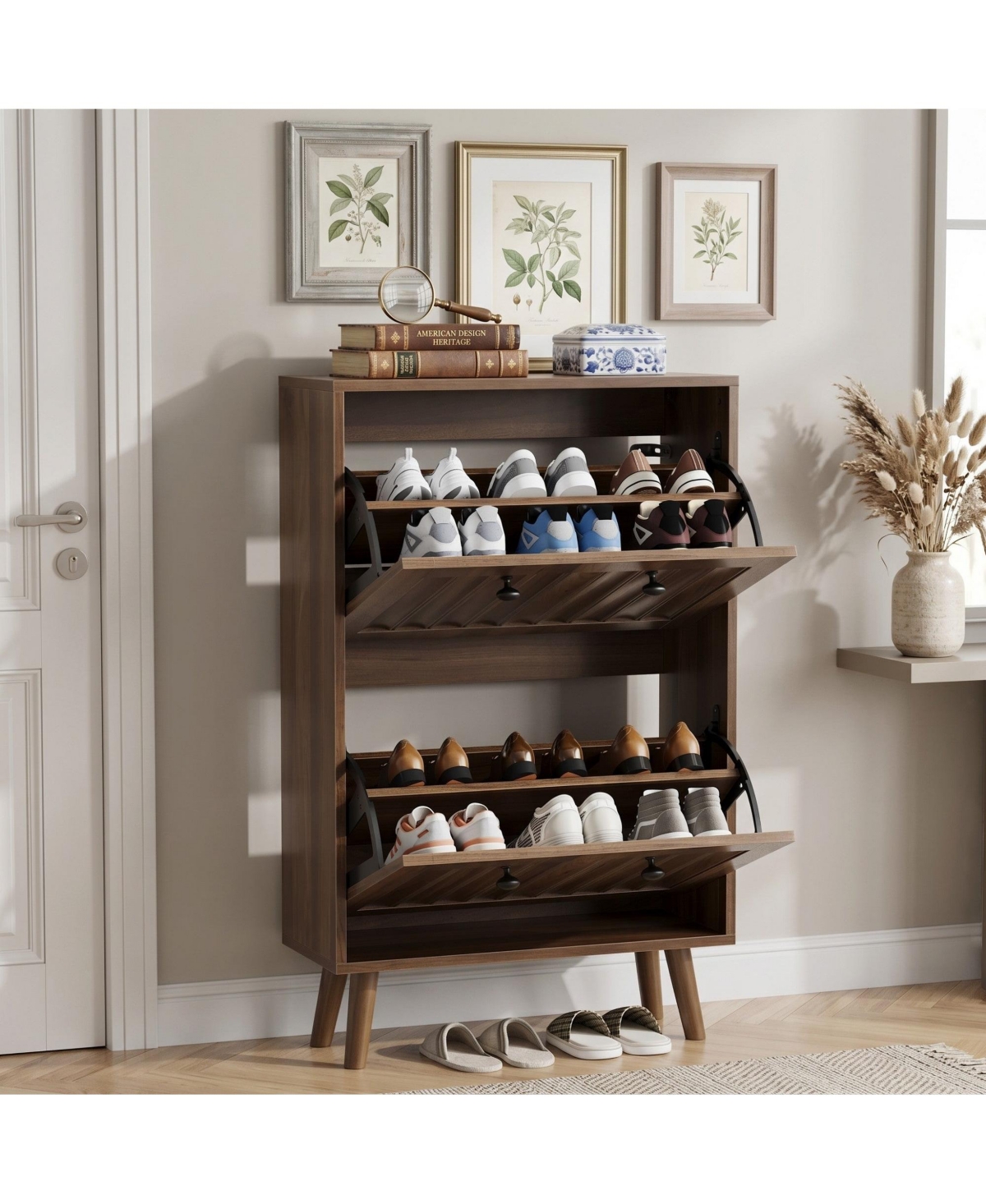 Sailvan Mid-Century Modern Shoe Cabinet, 23.6-Inch Vertical Grooved Upright Storage