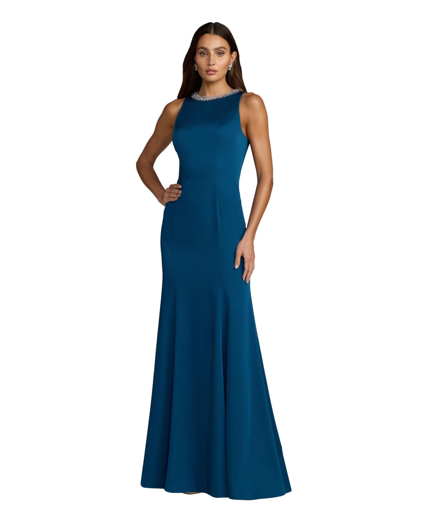 Women's Sleeveless Trumpet Gown with Embellished High Neck
