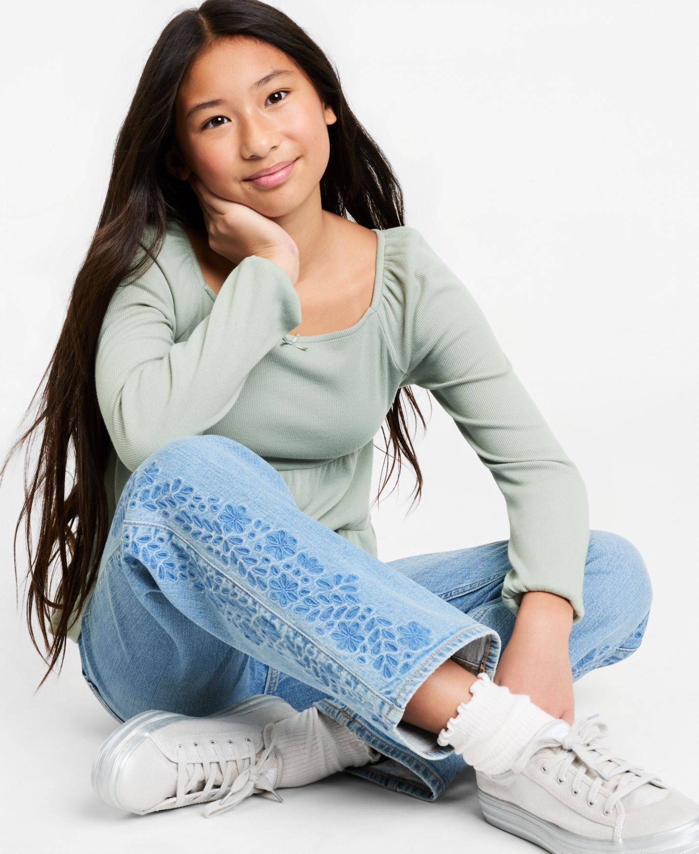 Детские джинсы abercrombie kids с вышивкой и высокой посадкой, 5-18, цвет: Светлый пастельный синий — фото 2