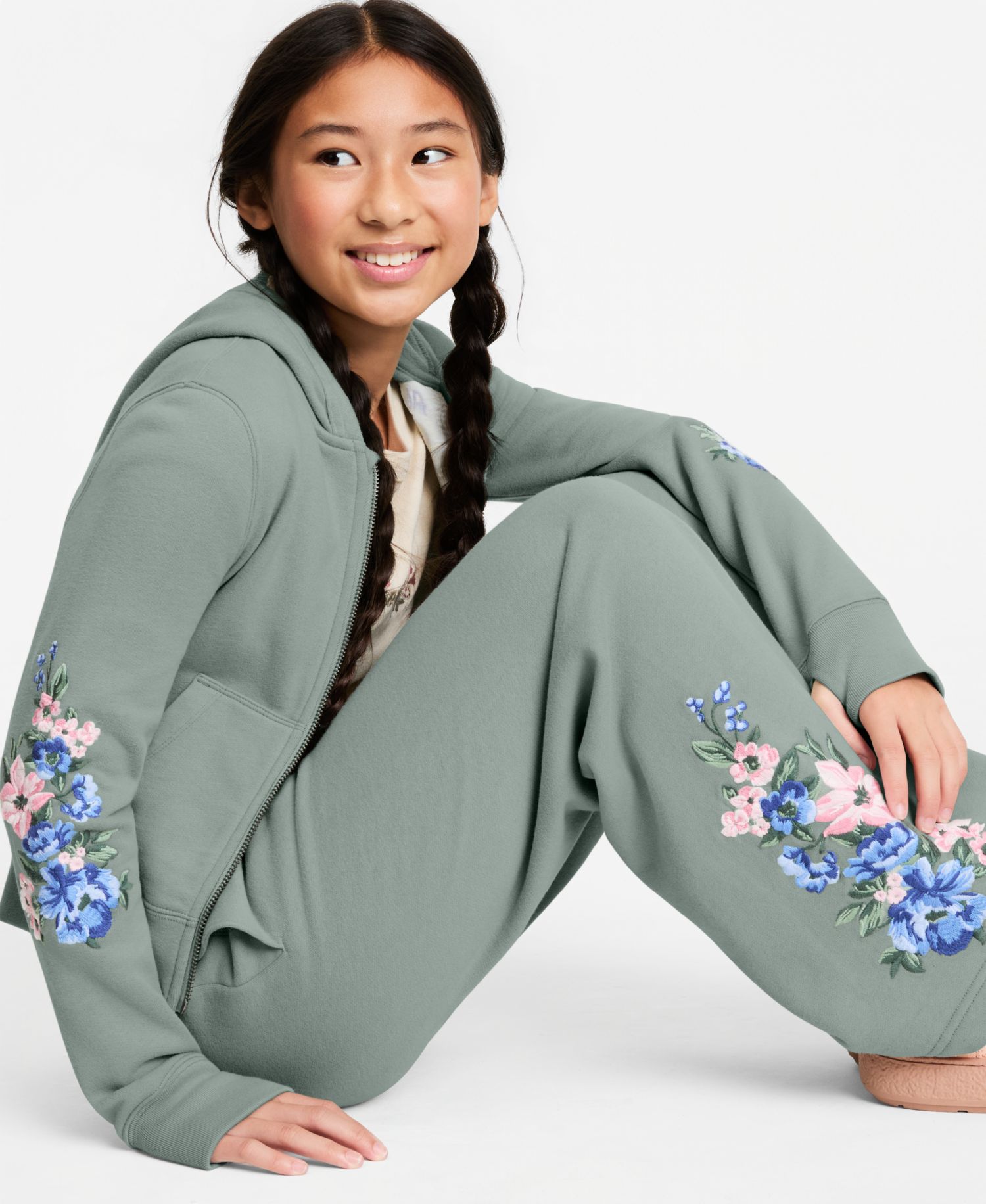 Girls' 5-16 Floral Full-Zip Hoodie