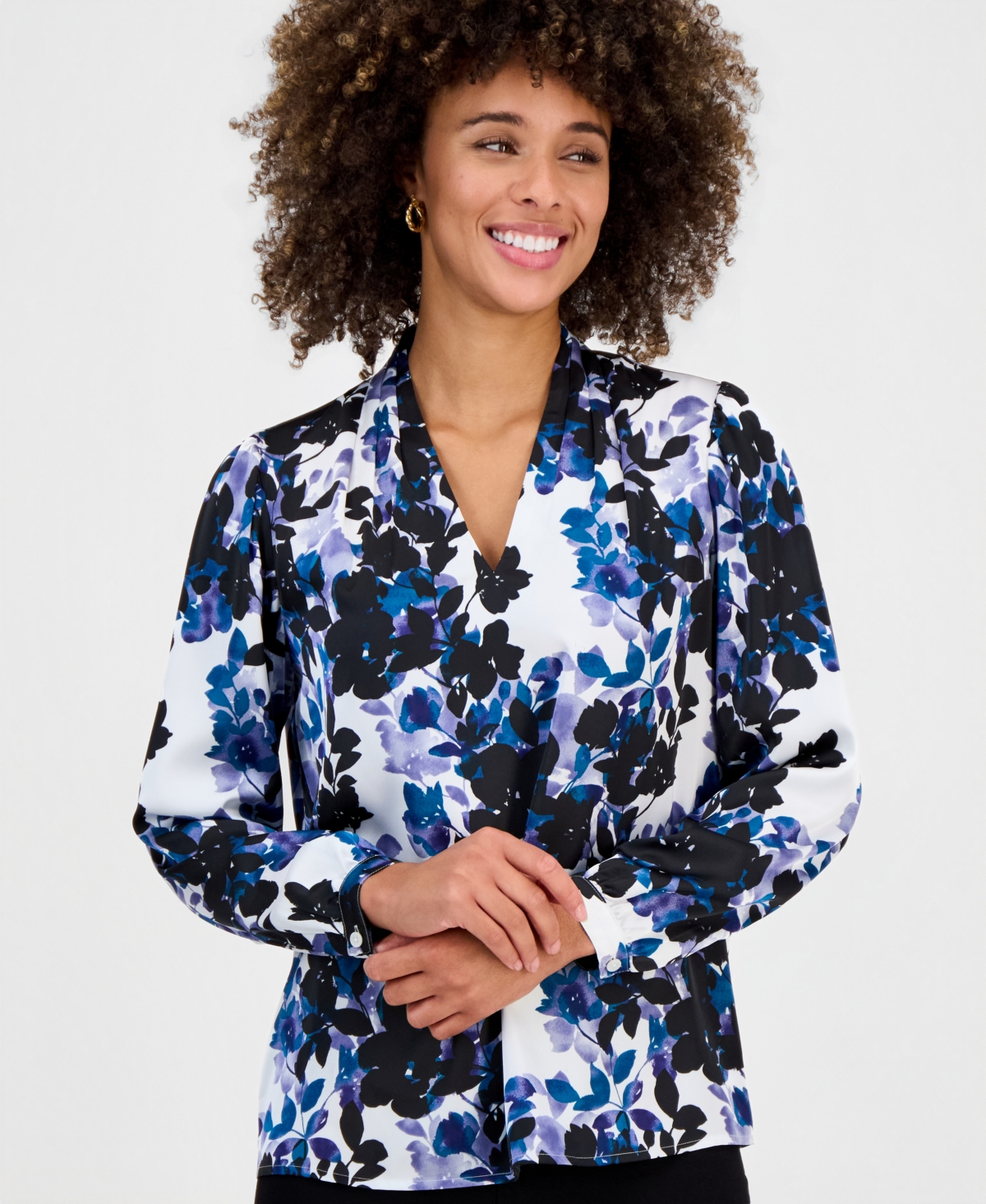Kasper Petite Long-Sleeve V-Neck Pleated Shoulder Top