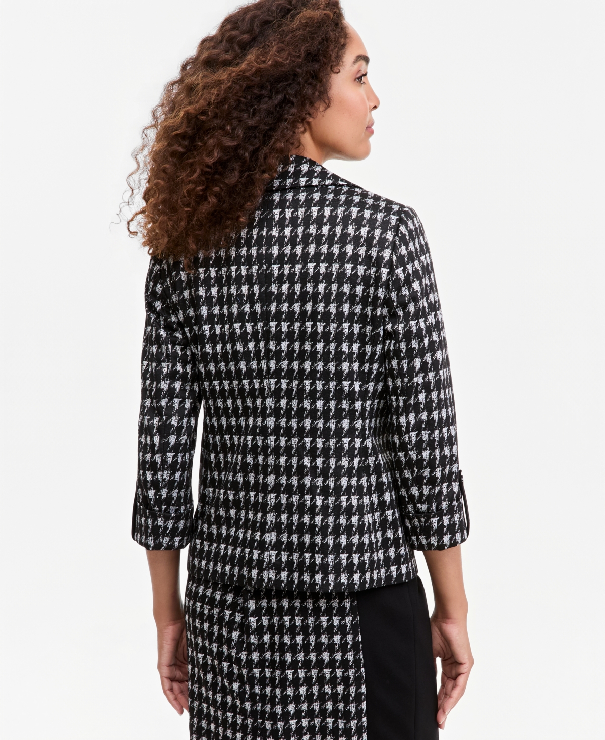 Kasper Petite Houndstooth 3/4-Sleeve Notch Collar Open Seamed Blazer