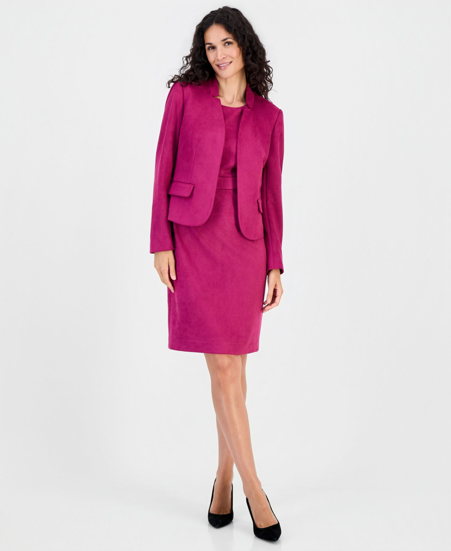 Женский пиджак Kasper Faux Suede Collared Open-Front Blazer, цвет: Cerise — фото 2
