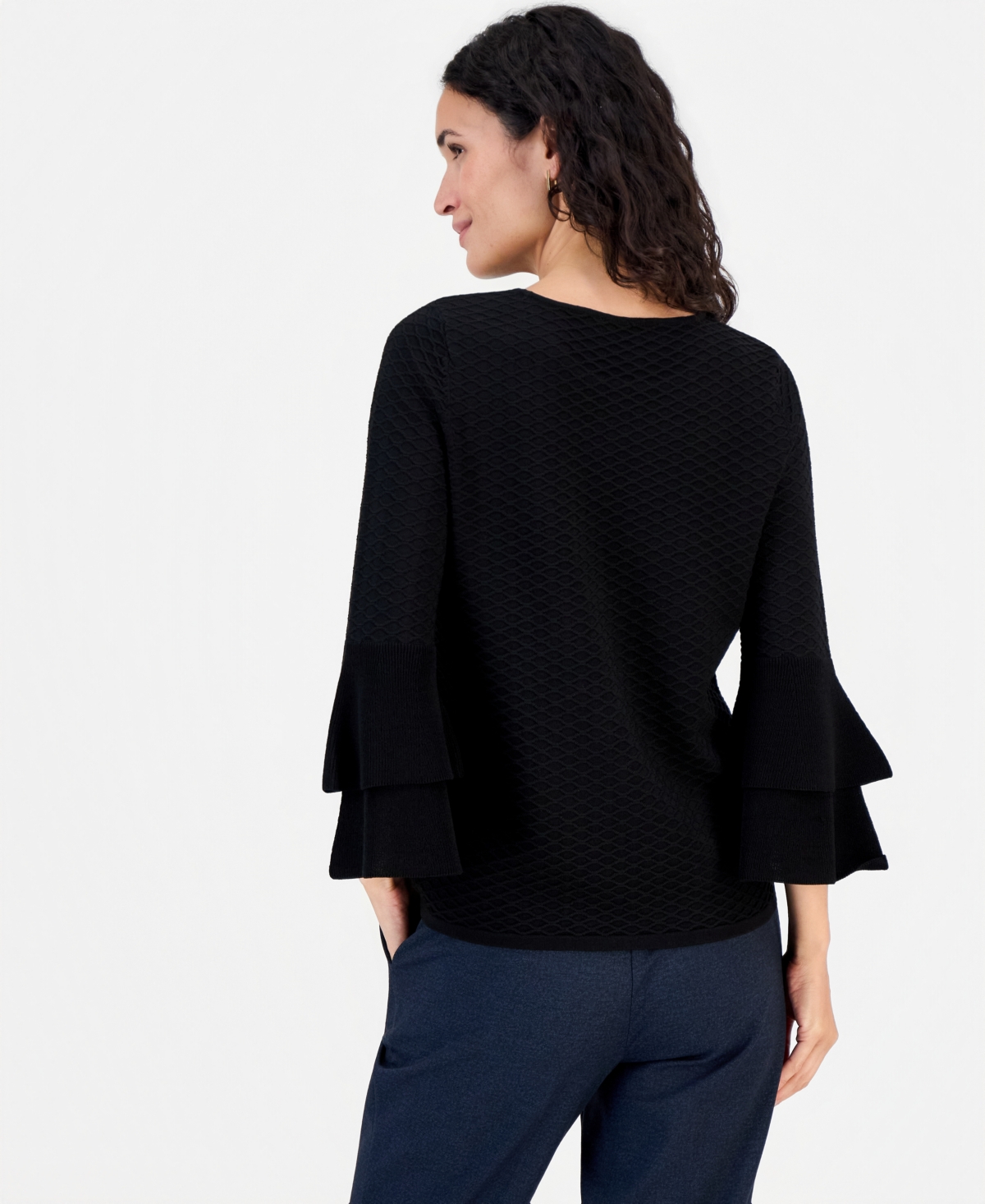 Kasper Petite Flare-Sleeve Boat Neck Textured-Stitch Sweater