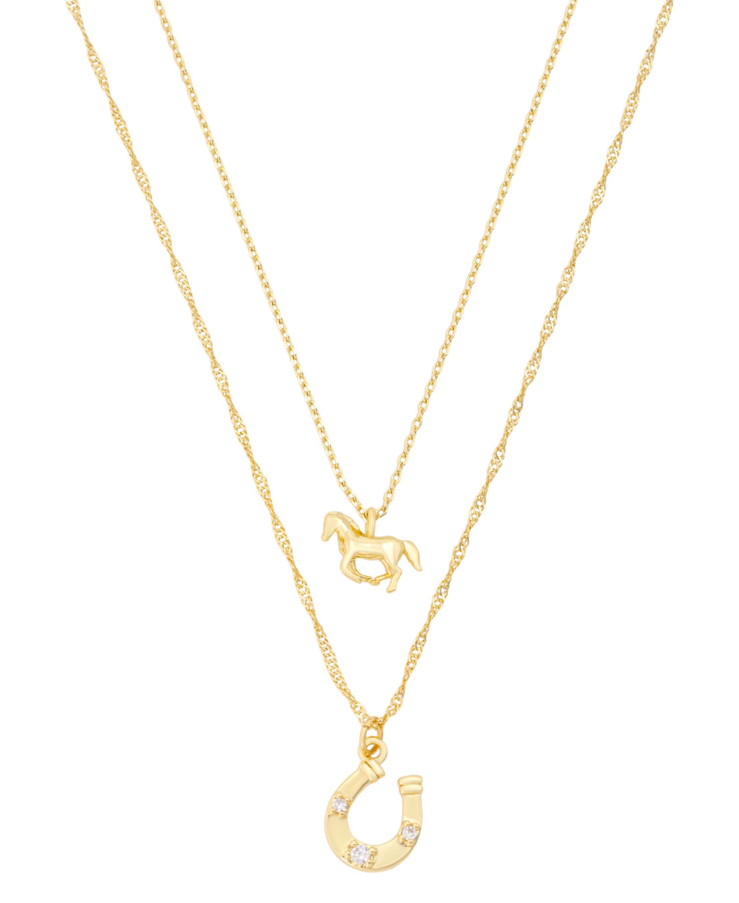 Cubic Zirconia Gold-Tone Plated Western Horse & Horseshoe Pendant Duo Necklace Set