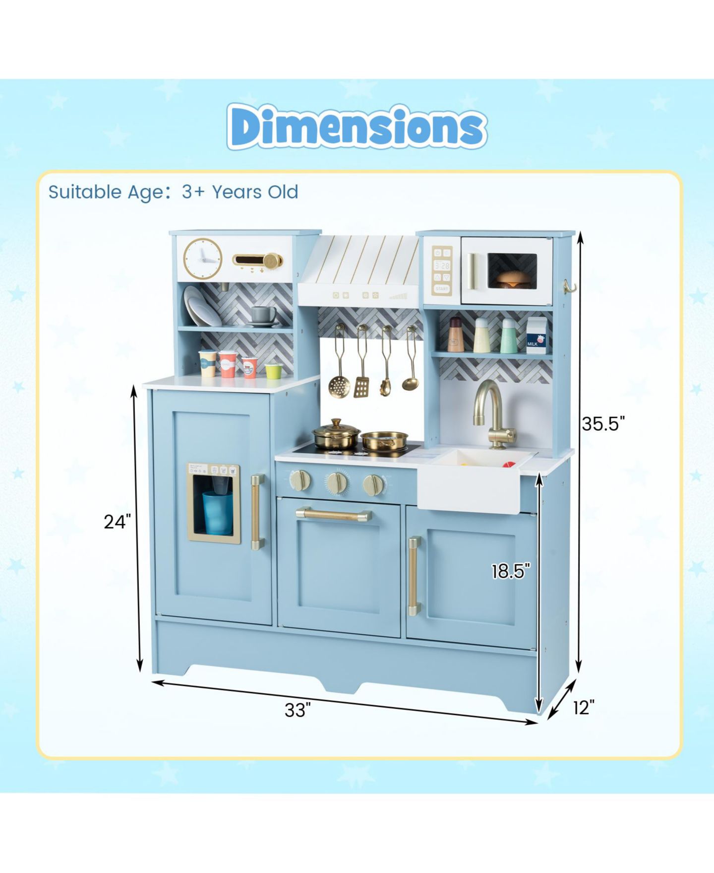 Детская игрушка Gymax Kids Play Kitchen with Stoves Faucet Sink Clock Coffee Machine Range Hood, цвет: Синий — фото 3