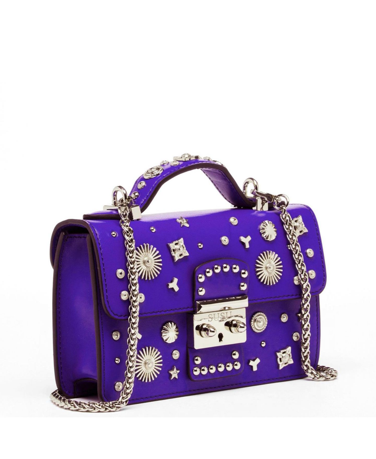 Женская сумка SUSU Royal Leather Studded Mini Crossbody Bag Structured Top Handle Satchel with Buckle Closure, цвет: Королевский синий / Кобальтовый синий — фото 3