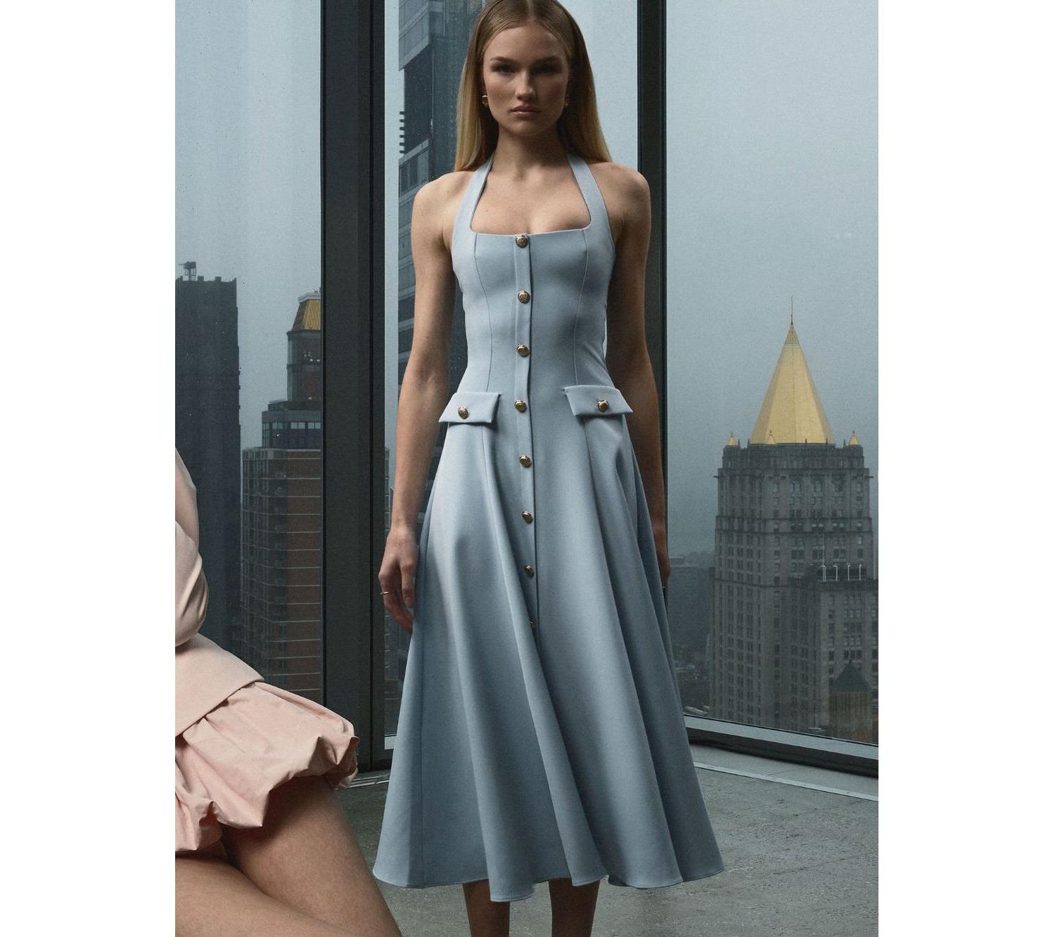 Women's Gillian Mist Blue Halter A-Line Midi Dress